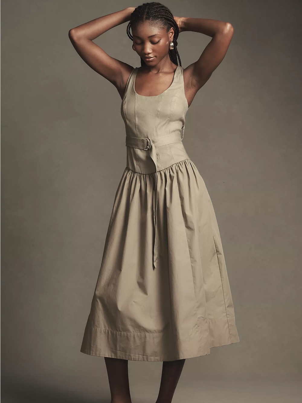 Anthropologie Sleeveless Belted Drop-Waist Midi Dress Utility Corset Olive Small - Picture 5 of 9